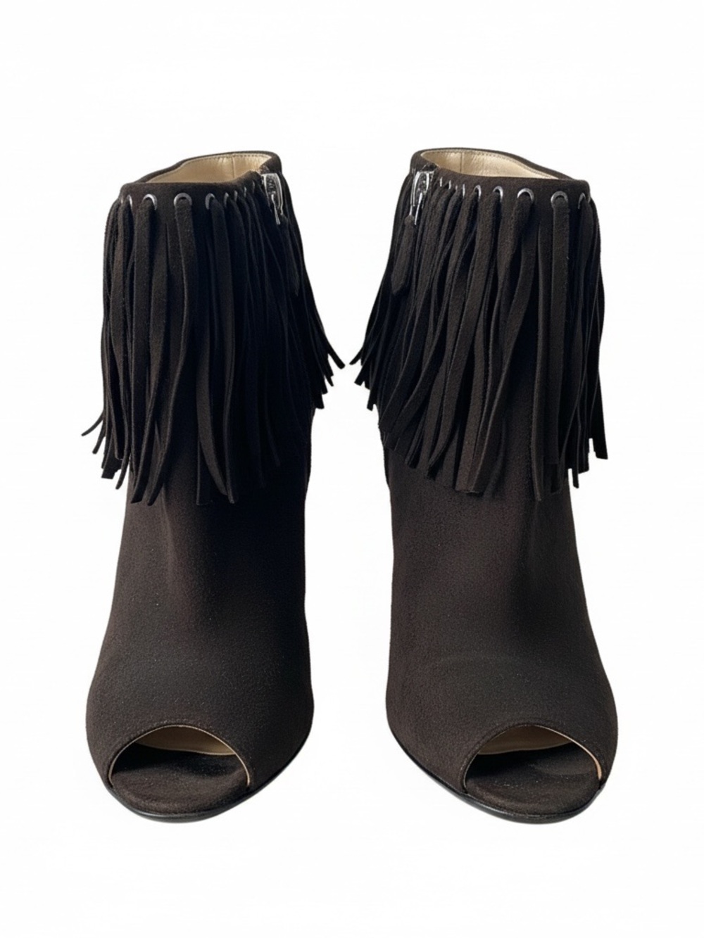 Prada Black Suede Fringe Peep-Toe Ankle Booties